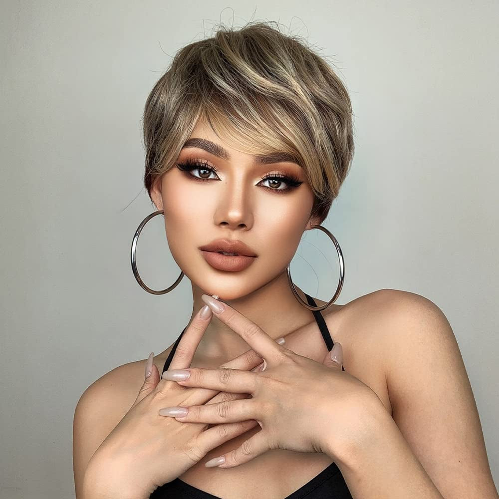 Short Female Hair Wigs Short Golden Brown Wavy Wigs with Bangs Layered Short Human Hair Wigs for Women