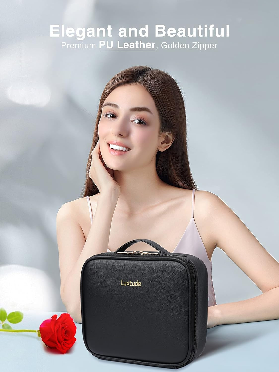 Leather Travel Makeup Train Case, Waterproof Makeup Bag Cosmetic Case Organizer, Large Cosmetic Makeup Case with Adjustable Dividers for Women Cosmetics Brushes Toiletry Jewelry Etc. (Black)