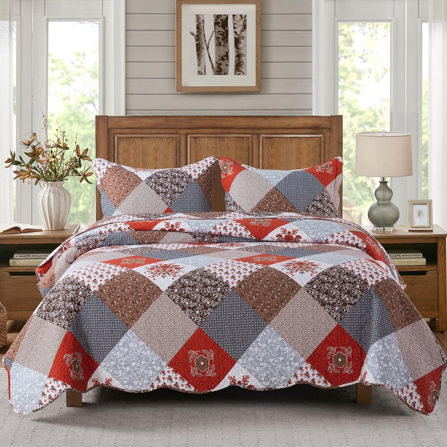 Quilt Set King Size - 3 Piece Microfiber Bedspread Reversible Coverlet Patchwork Bedding Set Lightweight Bedcover Floral Bedspreads All Season Quilts-Amaranth Red