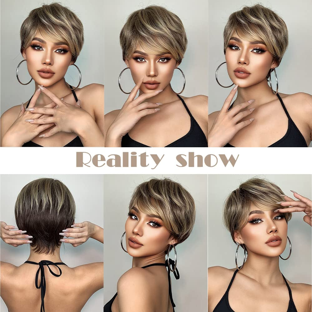Short Female Hair Wigs Short Golden Brown Wavy Wigs with Bangs Layered Short Human Hair Wigs for Women