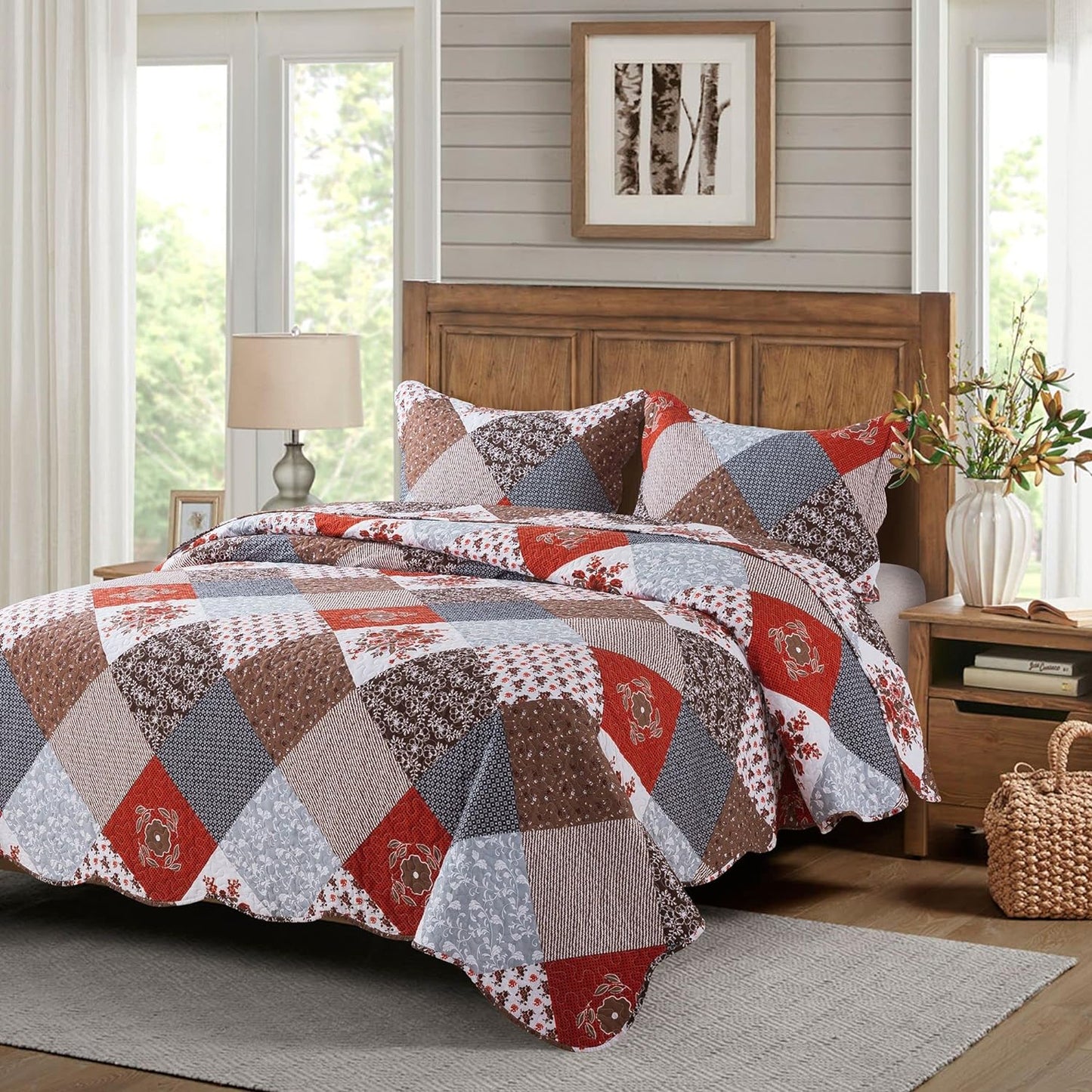 Quilt Set King Size - 3 Piece Microfiber Bedspread Reversible Coverlet Patchwork Bedding Set Lightweight Bedcover Floral Bedspreads All Season Quilts-Amaranth Red