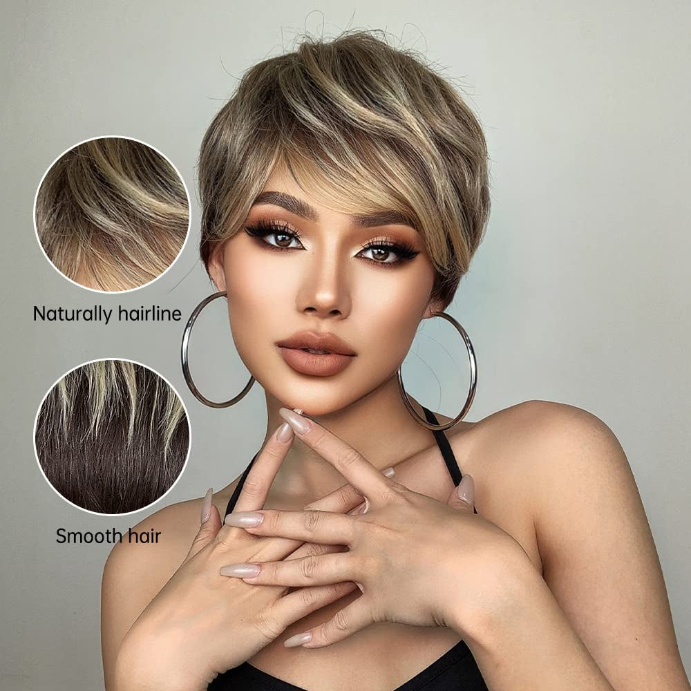 Short Female Hair Wigs Short Golden Brown Wavy Wigs with Bangs Layered Short Human Hair Wigs for Women