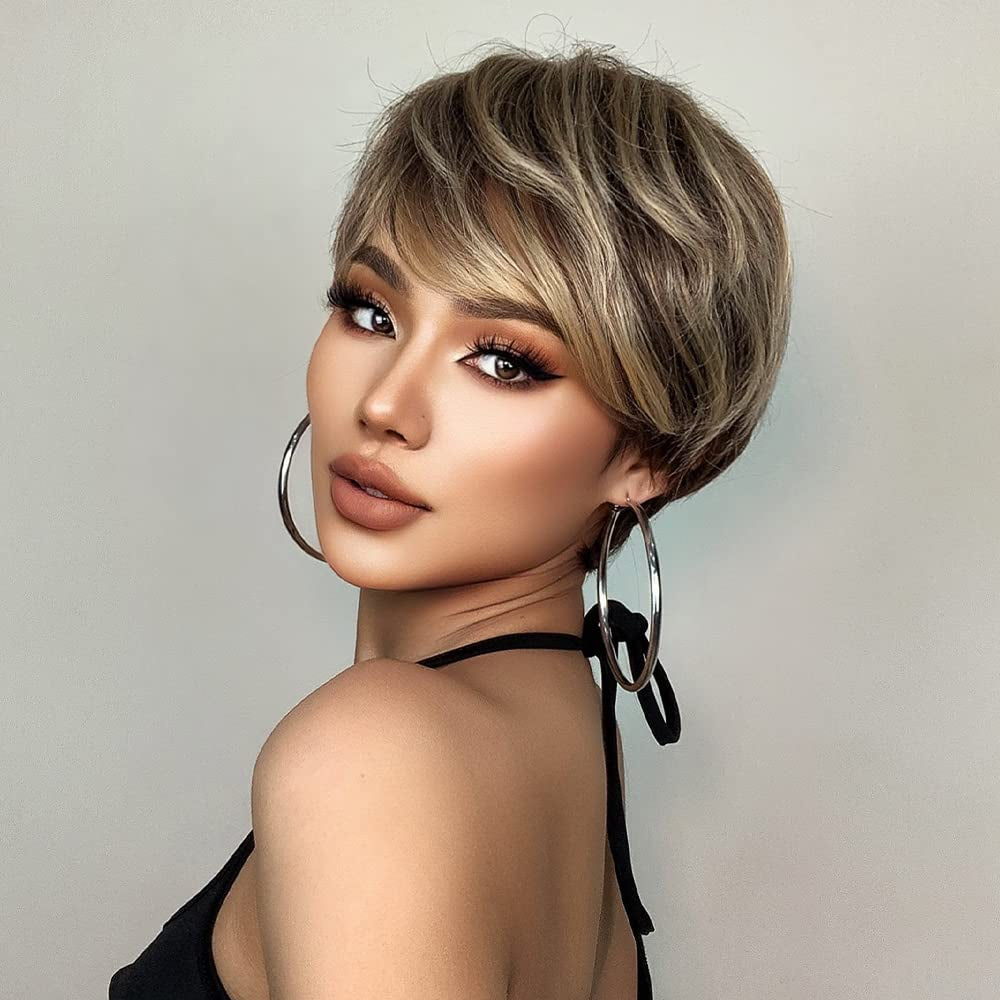 Short Female Hair Wigs Short Golden Brown Wavy Wigs with Bangs Layered Short Human Hair Wigs for Women