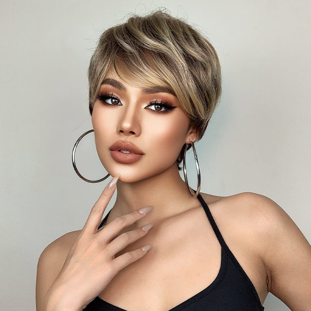 Short Female Hair Wigs Short Golden Brown Wavy Wigs with Bangs Layered Short Human Hair Wigs for Women