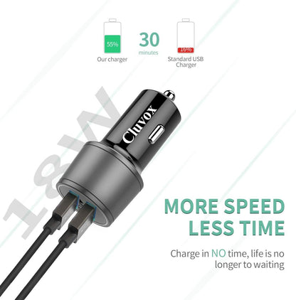 Rapid USB C Car Charger, Compatible for Samsung Galaxy S25 Plus/Ultra/S24/S23/S22/S21/Note 20/10/9/8/S20/S10+/S10E/S9/S8/A50/A70, Quick Charge 3.0 Dual USB 18W Fast Car Charger+ Type C Cable 3.3Ft