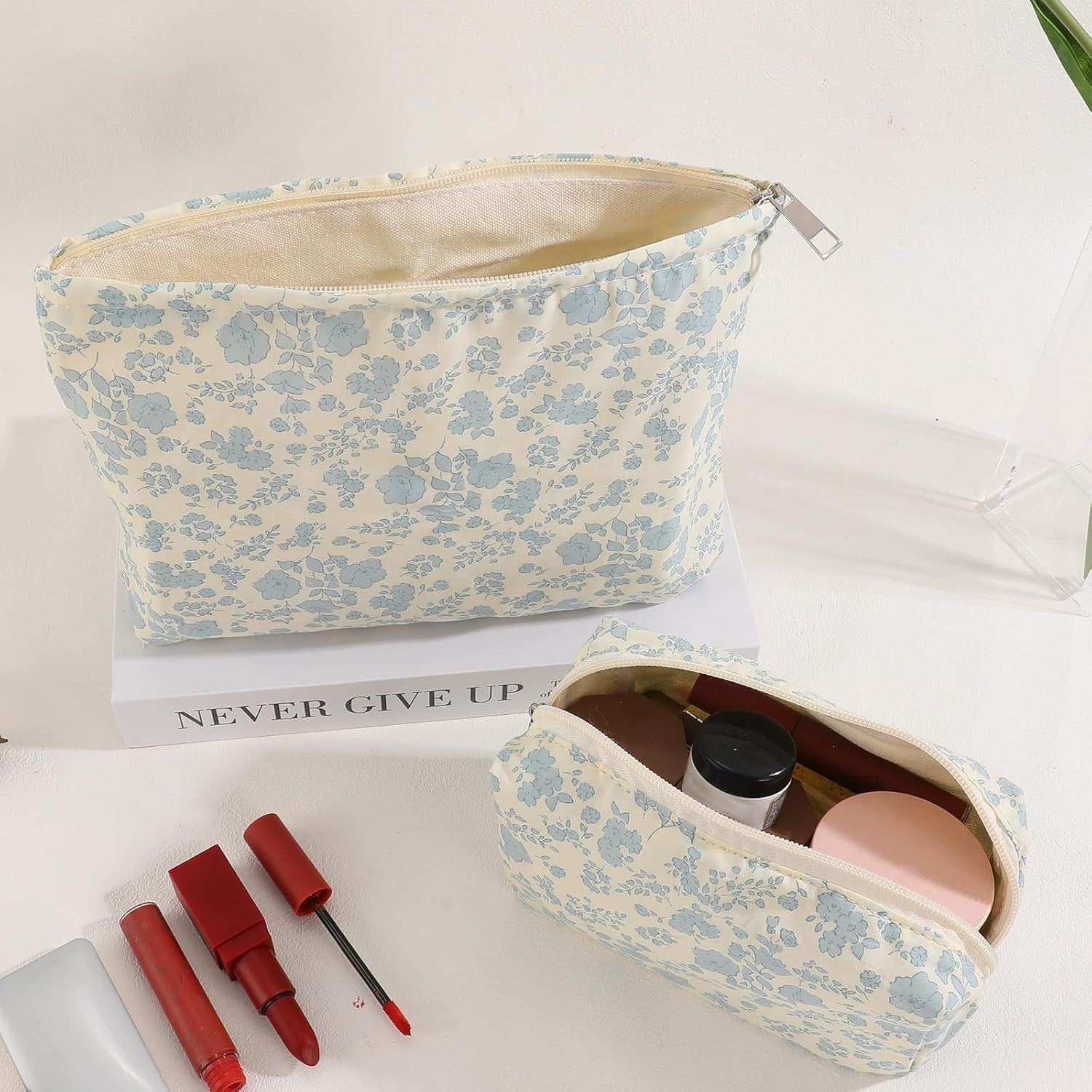 2PCS Floral Makeup Bag for Women,Small Makeup Bag Set Travel Toiletry Bag Coquette Cosmetic Bag Bow Makeup Bag Portable Versatile Zipper Pouch-Blue