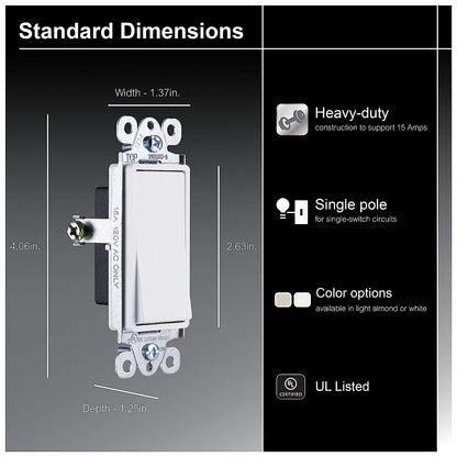 Paddle Rocker Light Switch Single Pole Switch on off Switch Rocker Switch Replacement for Electrical Light Switches & Ceiling Fan Switch Grounding Single Pole Light Switch UL Listed White 50726