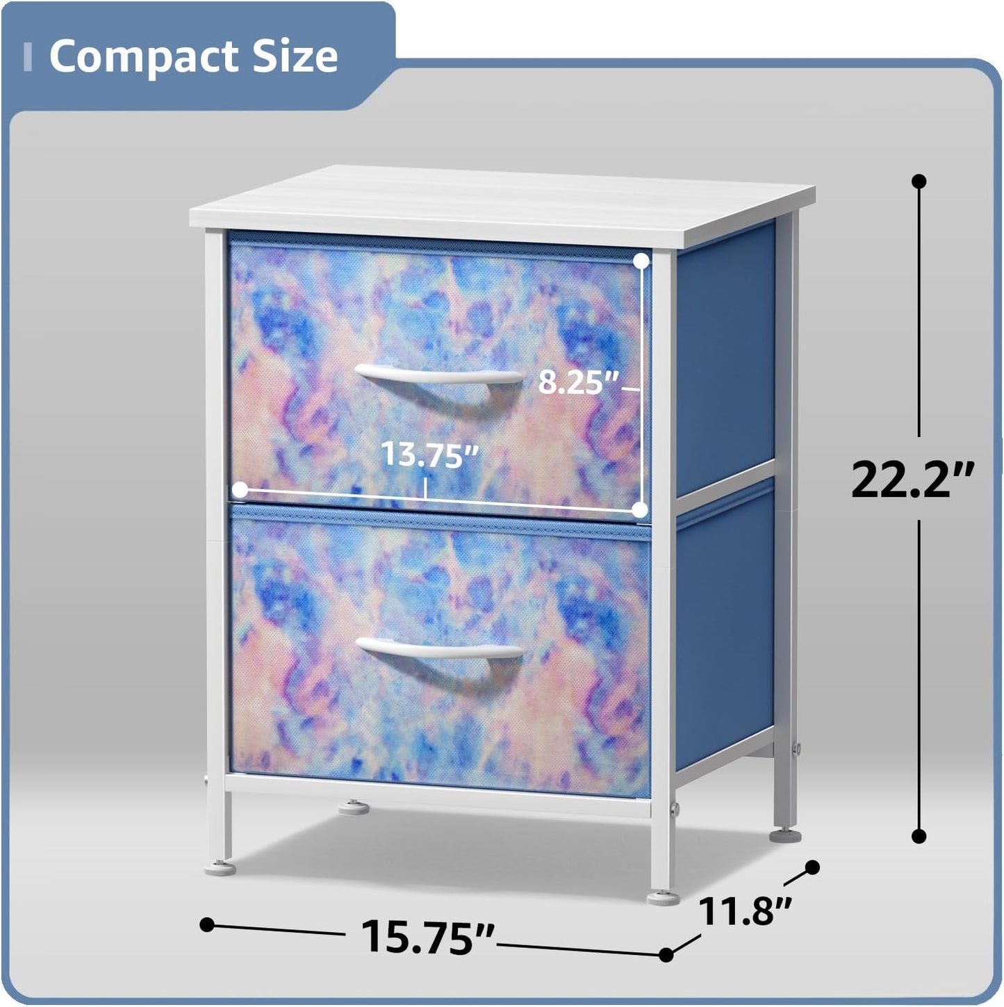 Nightstand with 2 Drawers - Kids Bedside Furniture End Table Night Stand - Steel Frame, Wood Top & Easy Pull Fabric Bins - Dresser & Chest for Home, Bedroom Accessories, Office & College Dorm