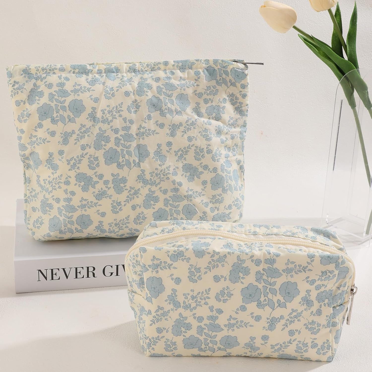 2PCS Floral Makeup Bag for Women,Small Makeup Bag Set Travel Toiletry Bag Coquette Cosmetic Bag Bow Makeup Bag Portable Versatile Zipper Pouch-Blue
