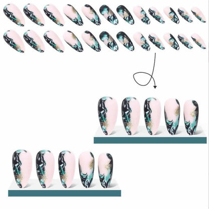 Almond Press on Nails Medium Fake Nails Nude Nails Glossy Stick on Nails Full Cover Nails 24 Pcs/Set (Medium Black & Nude Nails)