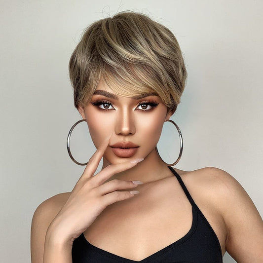 Short Female Hair Wigs Short Golden Brown Wavy Wigs with Bangs Layered Short Human Hair Wigs for Women
