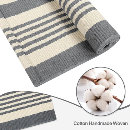 Gray and White Striped Striped Rug 4'X6', Hand-Woven Cotton Outdoor Patio Rug Washable Rug Front Porch Door Mat Entryway Indoor Area Carpet for Kitchen/Bedroom/Living Room
