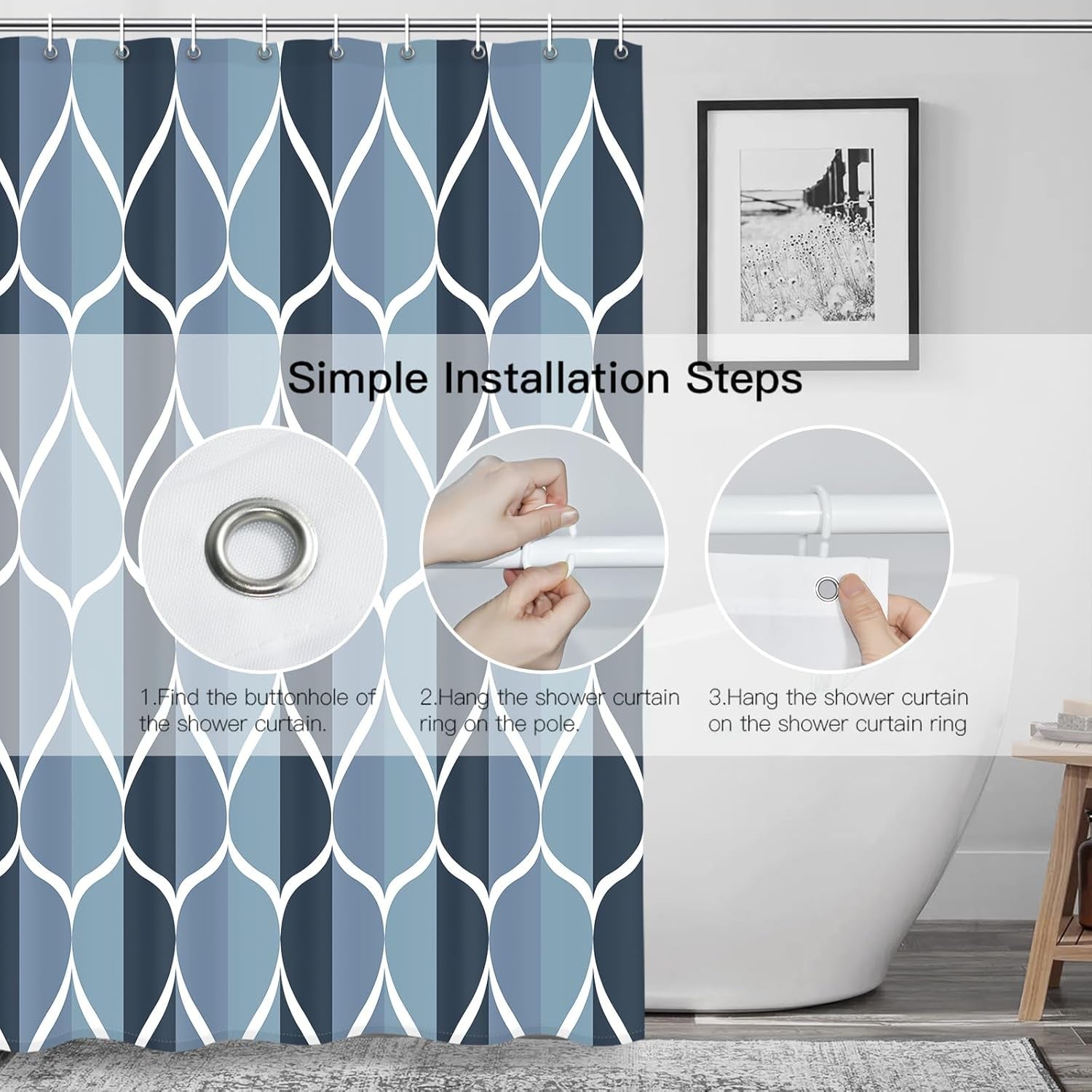 Aegean Blue Fabric Bath Shower Curtain W 54 X H 72,Waterproof Design and Polyester, Quick-Drying, Heavy Weight, Stall Size Shower Curtains Set for Bathroom,Machine Washable with 8 Hooks