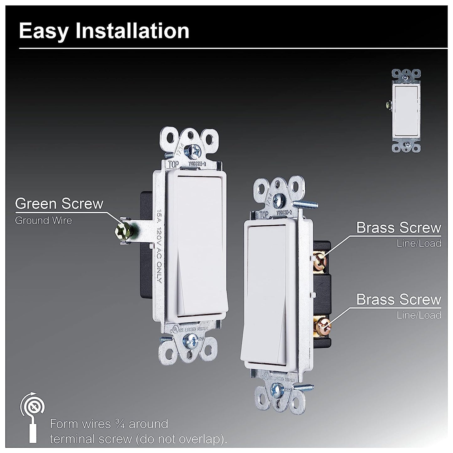 Paddle Rocker Light Switch Single Pole Switch on off Switch Rocker Switch Replacement for Electrical Light Switches & Ceiling Fan Switch Grounding Single Pole Light Switch UL Listed White 50726