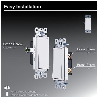 Paddle Rocker Light Switch Single Pole Switch on off Switch Rocker Switch Replacement for Electrical Light Switches & Ceiling Fan Switch Grounding Single Pole Light Switch UL Listed White 50726