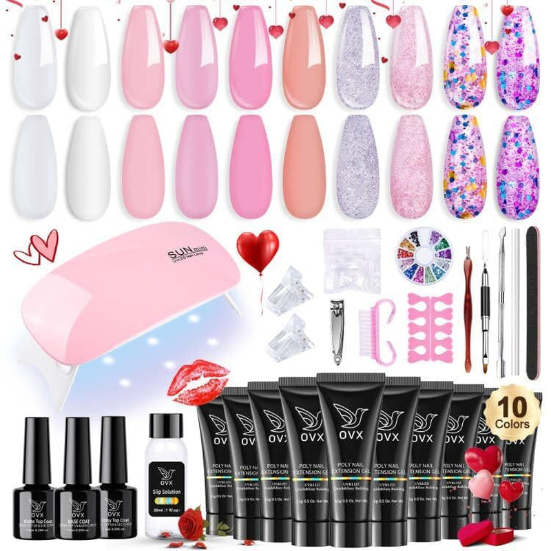 Poly Nail Gel Kit, 10 Colors Poly Nail Extension Gel Kit Starter Kit, Professional Acrylic Nail Kit for Beginner with Everything Gel Nail Kit with UV Light Nail Art Tools for Nail Art Design