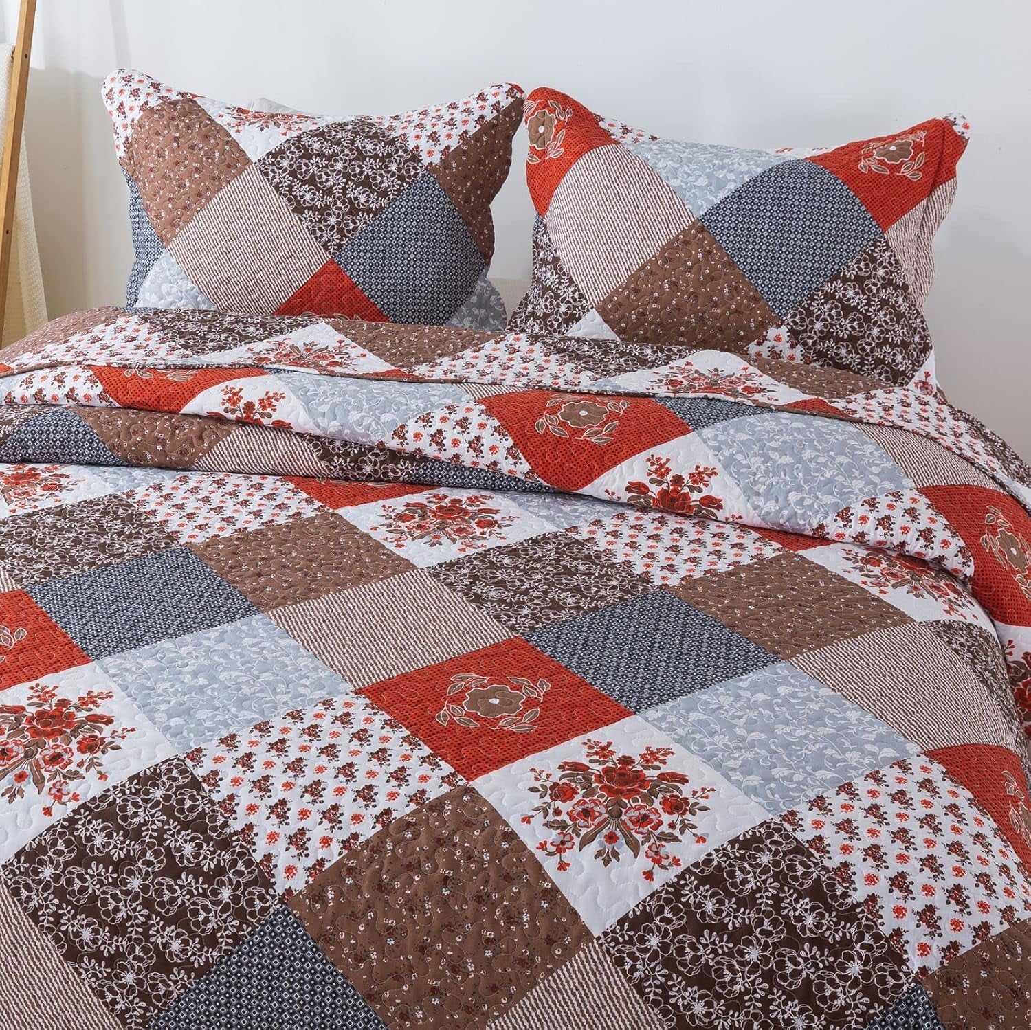 Quilt Set King Size - 3 Piece Microfiber Bedspread Reversible Coverlet Patchwork Bedding Set Lightweight Bedcover Floral Bedspreads All Season Quilts-Amaranth Red
