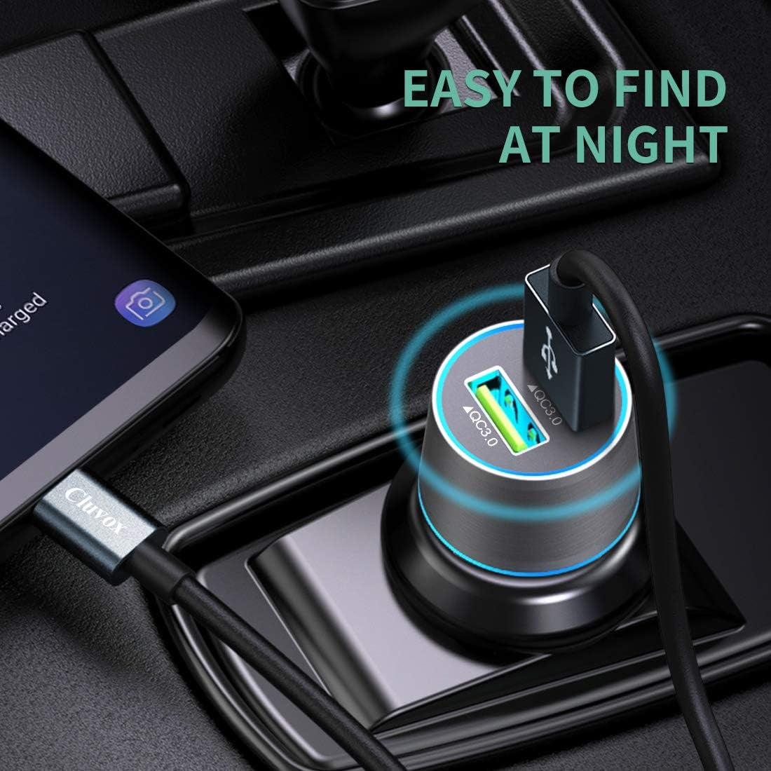 Rapid USB C Car Charger, Compatible for Samsung Galaxy S25 Plus/Ultra/S24/S23/S22/S21/Note 20/10/9/8/S20/S10+/S10E/S9/S8/A50/A70, Quick Charge 3.0 Dual USB 18W Fast Car Charger+ Type C Cable 3.3Ft