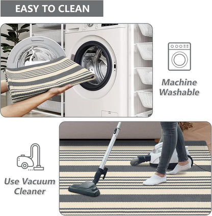 Gray and White Striped Striped Rug 4'X6', Hand-Woven Cotton Outdoor Patio Rug Washable Rug Front Porch Door Mat Entryway Indoor Area Carpet for Kitchen/Bedroom/Living Room