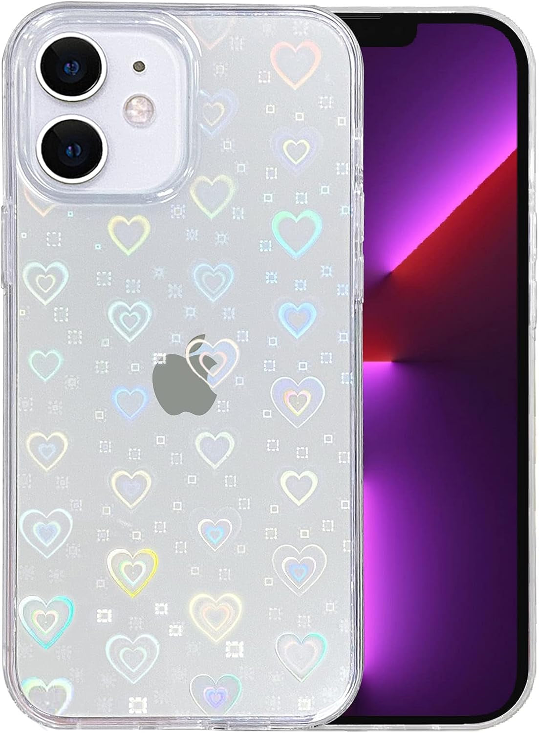 Compatible with Iphone 11 6.1 Inch 2019, Clear Laser Glitter Bling Heart Soft & Flexible TPU and Hard PC Shockproof Cover Women Girls Heart Pattern Phone Case (Rainbow Heart/Clear)