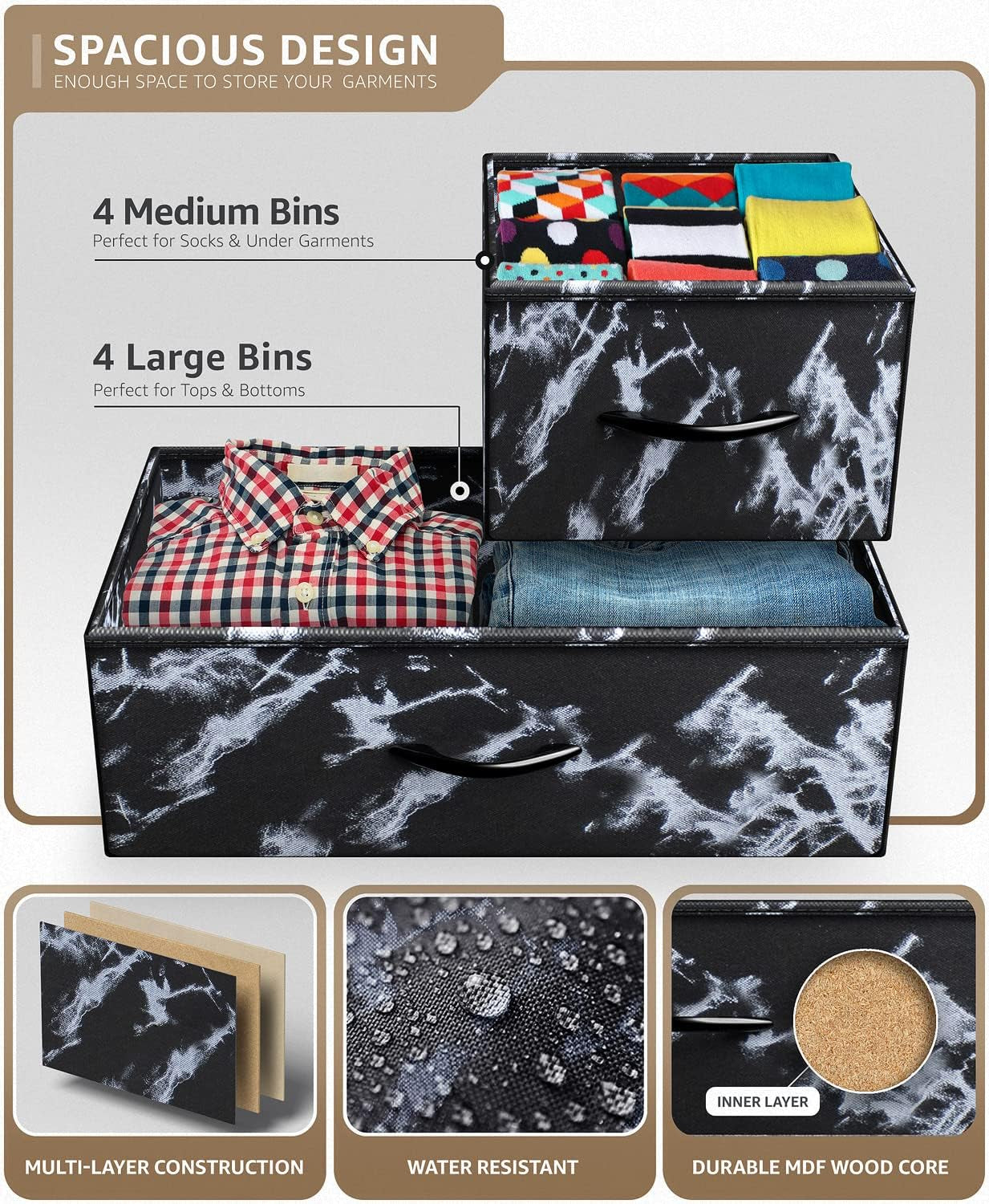 Dresser for Bedroom with 8 Drawers - Tall Chest Storage Tower Unit, for Closet, Hallway, Nursery, Entryway Organization - Steel Frame, Wood Top (Marble Black – Black Frame)