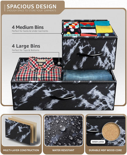 Dresser for Bedroom with 8 Drawers - Tall Chest Storage Tower Unit, for Closet, Hallway, Nursery, Entryway Organization - Steel Frame, Wood Top (Marble Black – Black Frame)