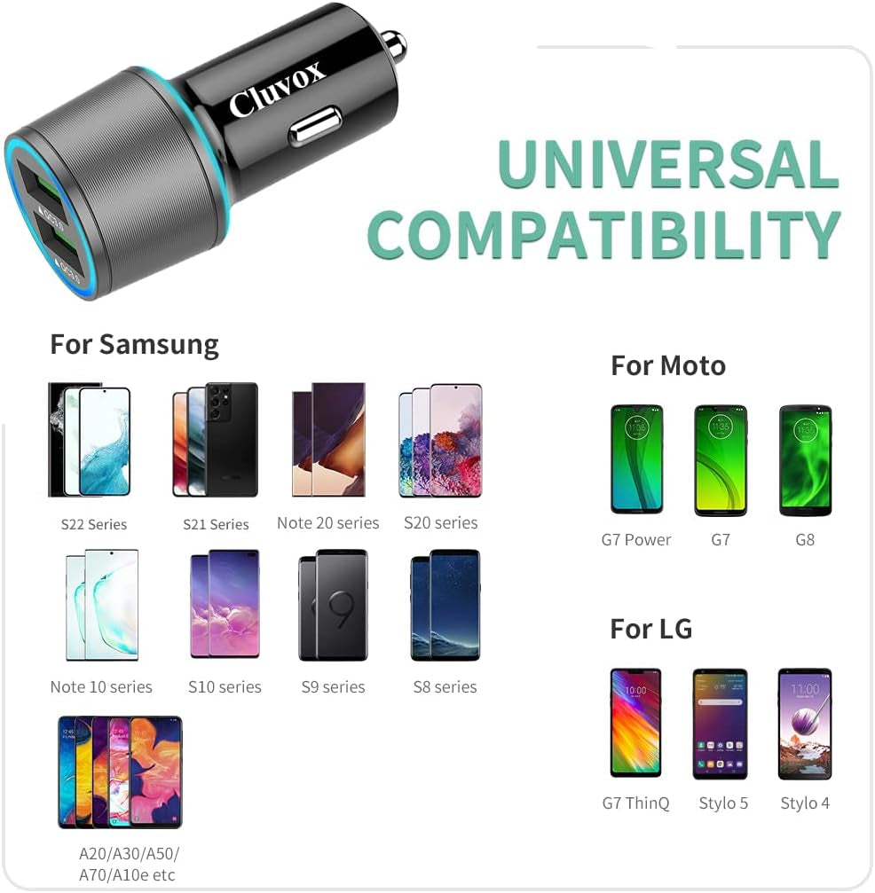 Rapid USB C Car Charger, Compatible for Samsung Galaxy S25 Plus/Ultra/S24/S23/S22/S21/Note 20/10/9/8/S20/S10+/S10E/S9/S8/A50/A70, Quick Charge 3.0 Dual USB 18W Fast Car Charger+ Type C Cable 3.3Ft