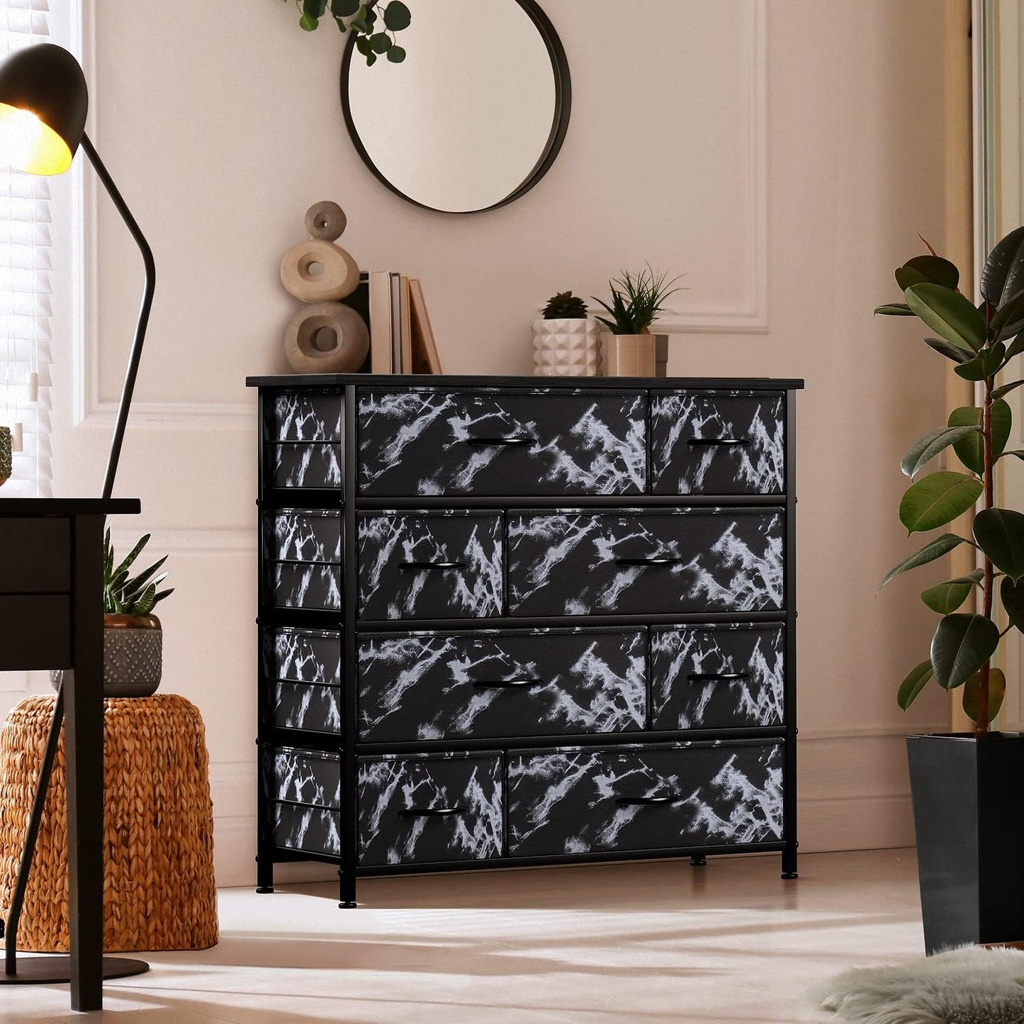 Dresser for Bedroom with 8 Drawers - Tall Chest Storage Tower Unit, for Closet, Hallway, Nursery, Entryway Organization - Steel Frame, Wood Top (Marble Black – Black Frame)