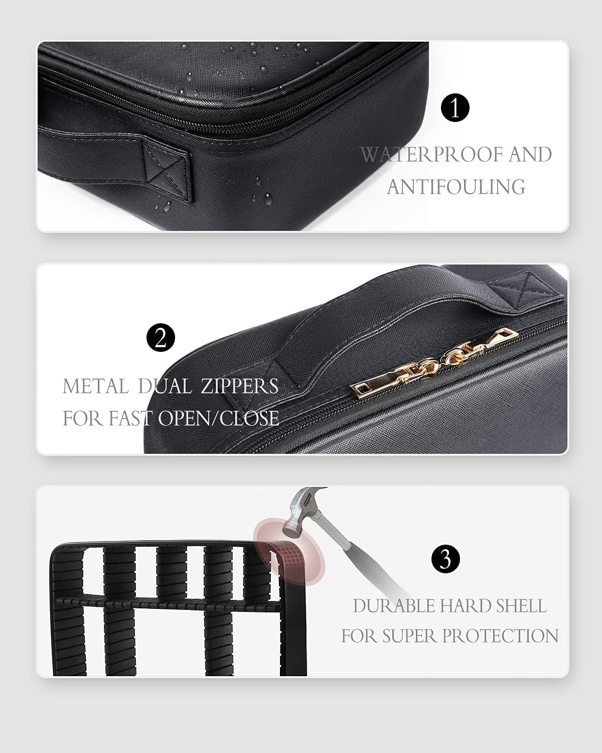 Leather Travel Makeup Train Case, Waterproof Makeup Bag Cosmetic Case Organizer, Large Cosmetic Makeup Case with Adjustable Dividers for Women Cosmetics Brushes Toiletry Jewelry Etc. (Black)