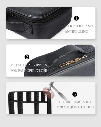 Leather Travel Makeup Train Case, Waterproof Makeup Bag Cosmetic Case Organizer, Large Cosmetic Makeup Case with Adjustable Dividers for Women Cosmetics Brushes Toiletry Jewelry Etc. (Black)