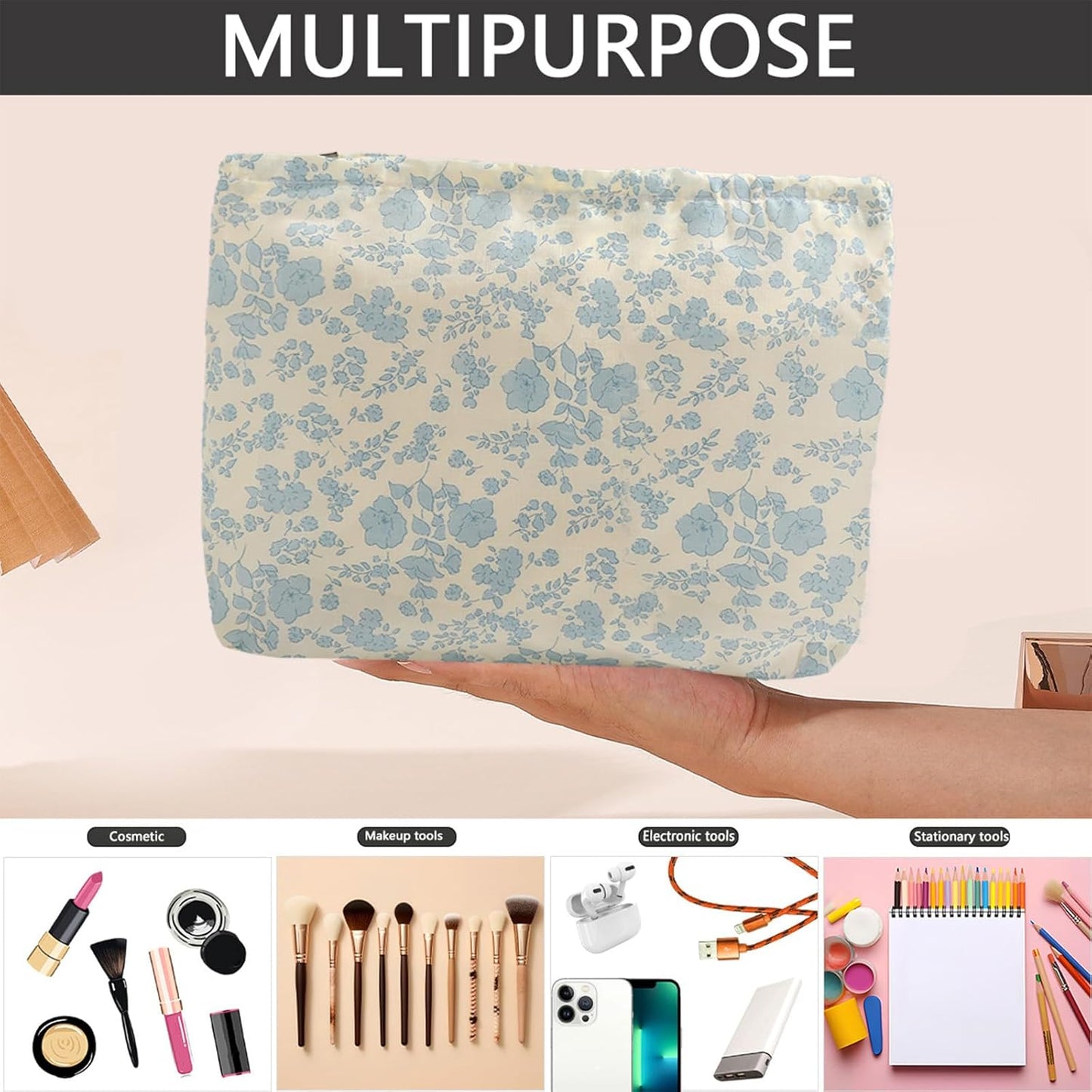 2PCS Floral Makeup Bag for Women,Small Makeup Bag Set Travel Toiletry Bag Coquette Cosmetic Bag Bow Makeup Bag Portable Versatile Zipper Pouch-Blue