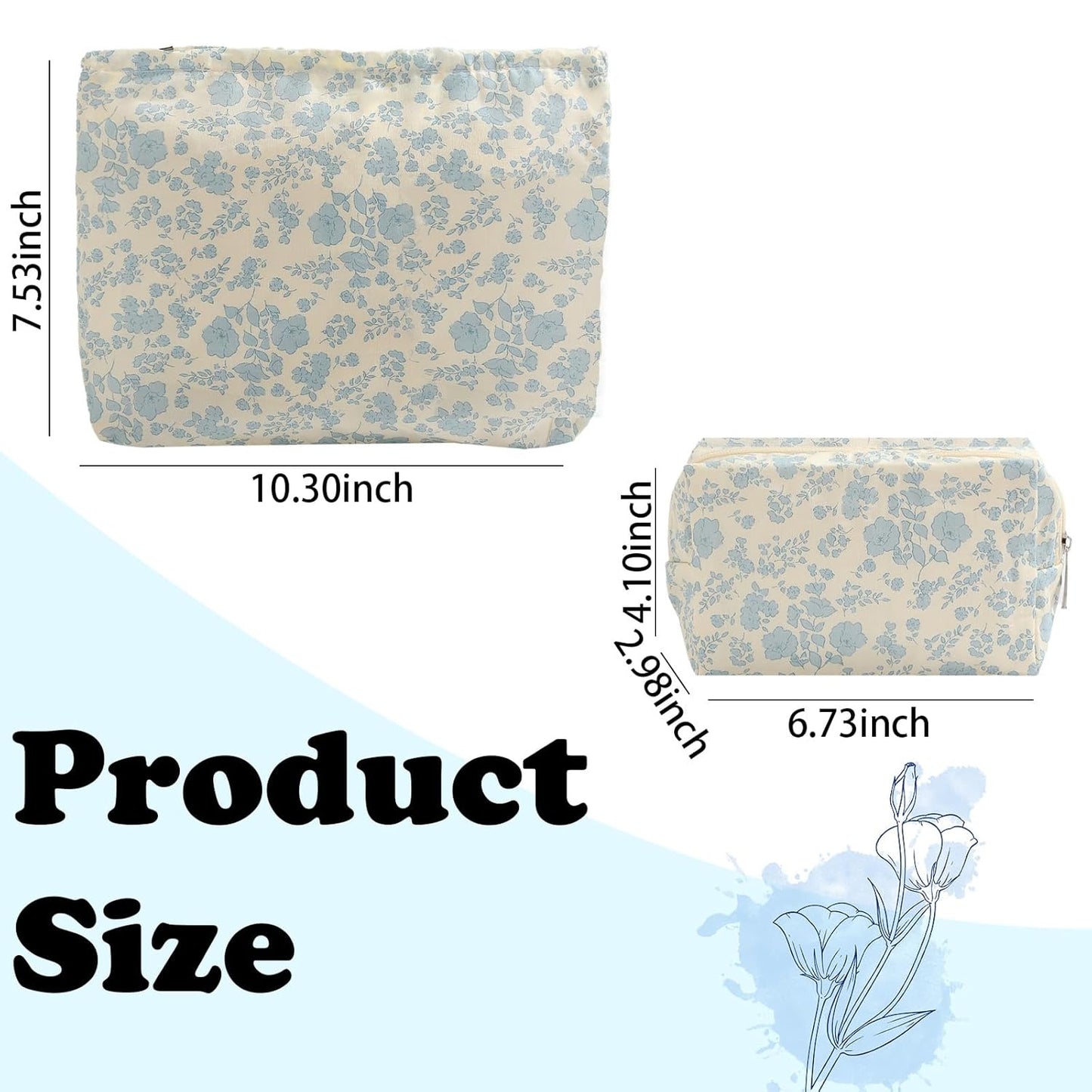 2PCS Floral Makeup Bag for Women,Small Makeup Bag Set Travel Toiletry Bag Coquette Cosmetic Bag Bow Makeup Bag Portable Versatile Zipper Pouch-Blue