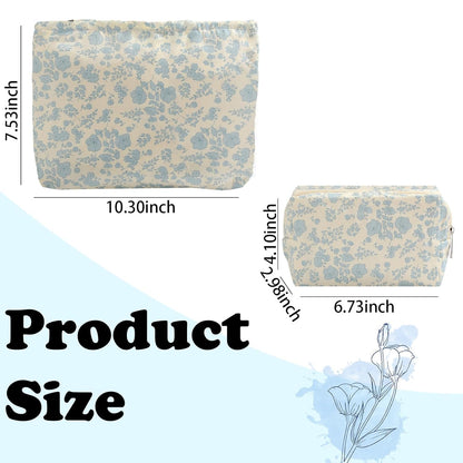 2PCS Floral Makeup Bag for Women,Small Makeup Bag Set Travel Toiletry Bag Coquette Cosmetic Bag Bow Makeup Bag Portable Versatile Zipper Pouch-Blue