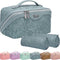Travel Makeup Bags Cosmetic Organizer Bag: 3-Set Large Capacity Make up Bag - PU Leather Toiletry Bag for Women - Wide Open Portable Pouch with Divider & Handle (01-Light Blue)