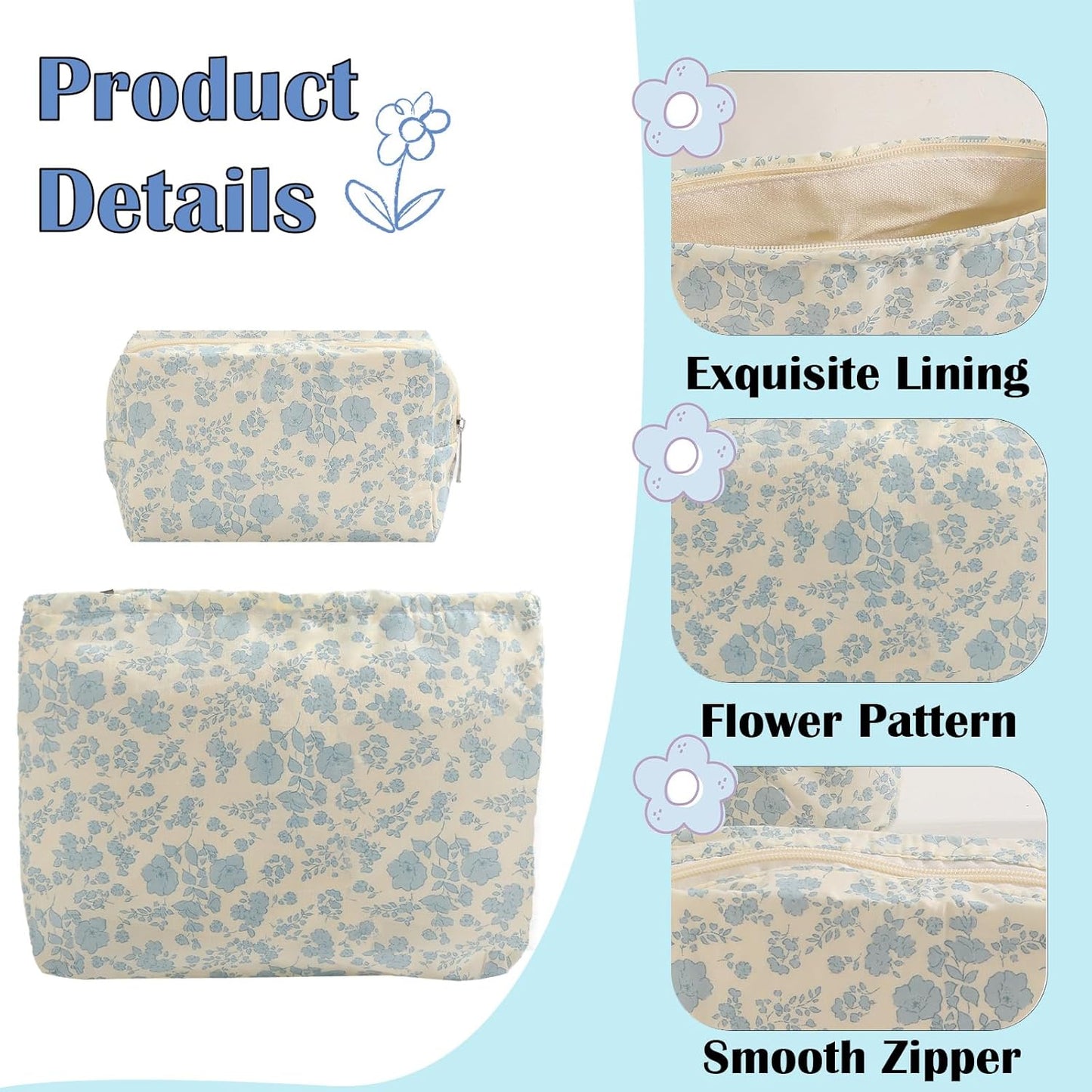 2PCS Floral Makeup Bag for Women,Small Makeup Bag Set Travel Toiletry Bag Coquette Cosmetic Bag Bow Makeup Bag Portable Versatile Zipper Pouch-Blue