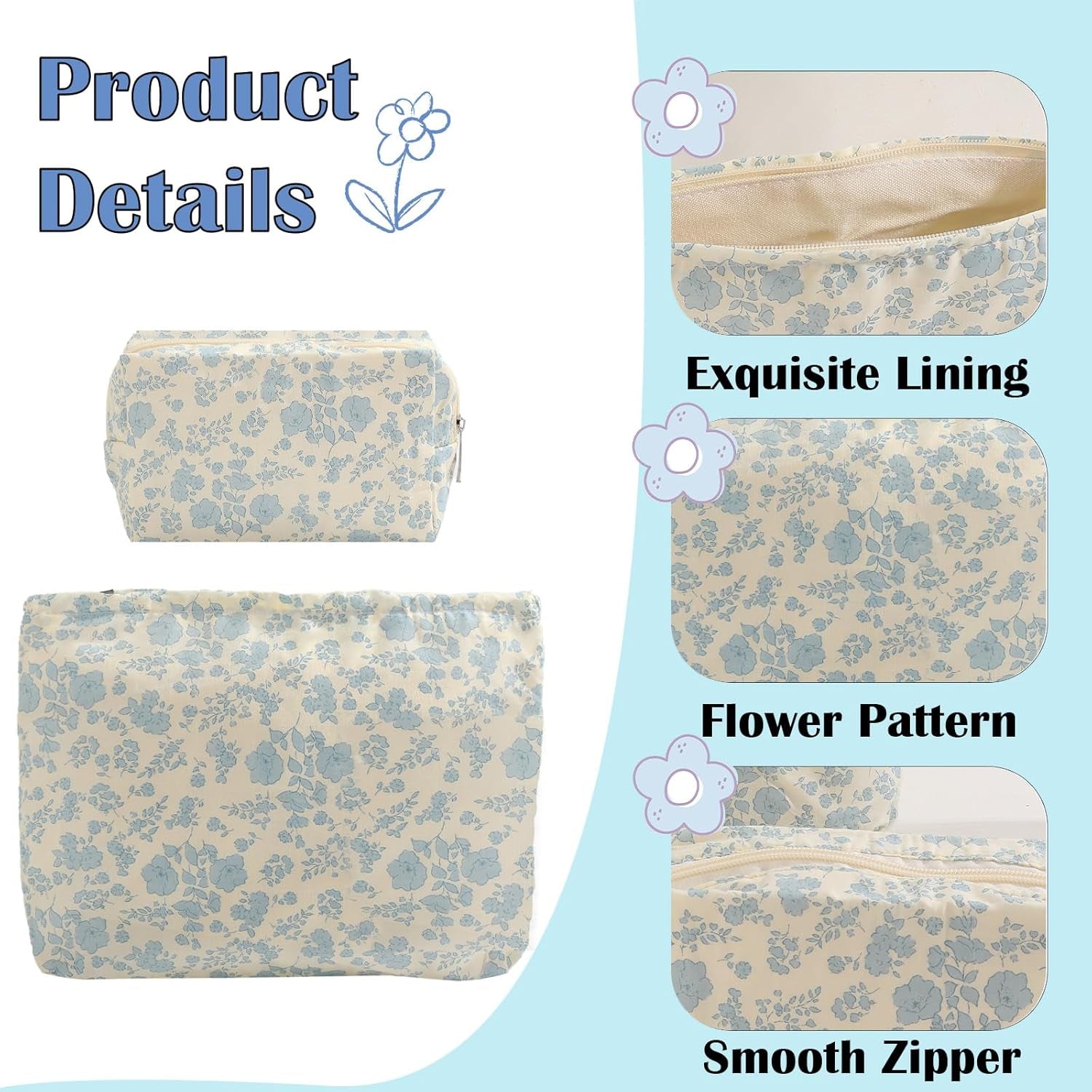 2PCS Floral Makeup Bag for Women,Small Makeup Bag Set Travel Toiletry Bag Coquette Cosmetic Bag Bow Makeup Bag Portable Versatile Zipper Pouch-Blue