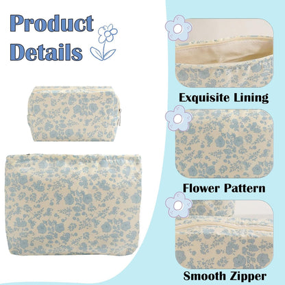 2PCS Floral Makeup Bag for Women,Small Makeup Bag Set Travel Toiletry Bag Coquette Cosmetic Bag Bow Makeup Bag Portable Versatile Zipper Pouch-Blue