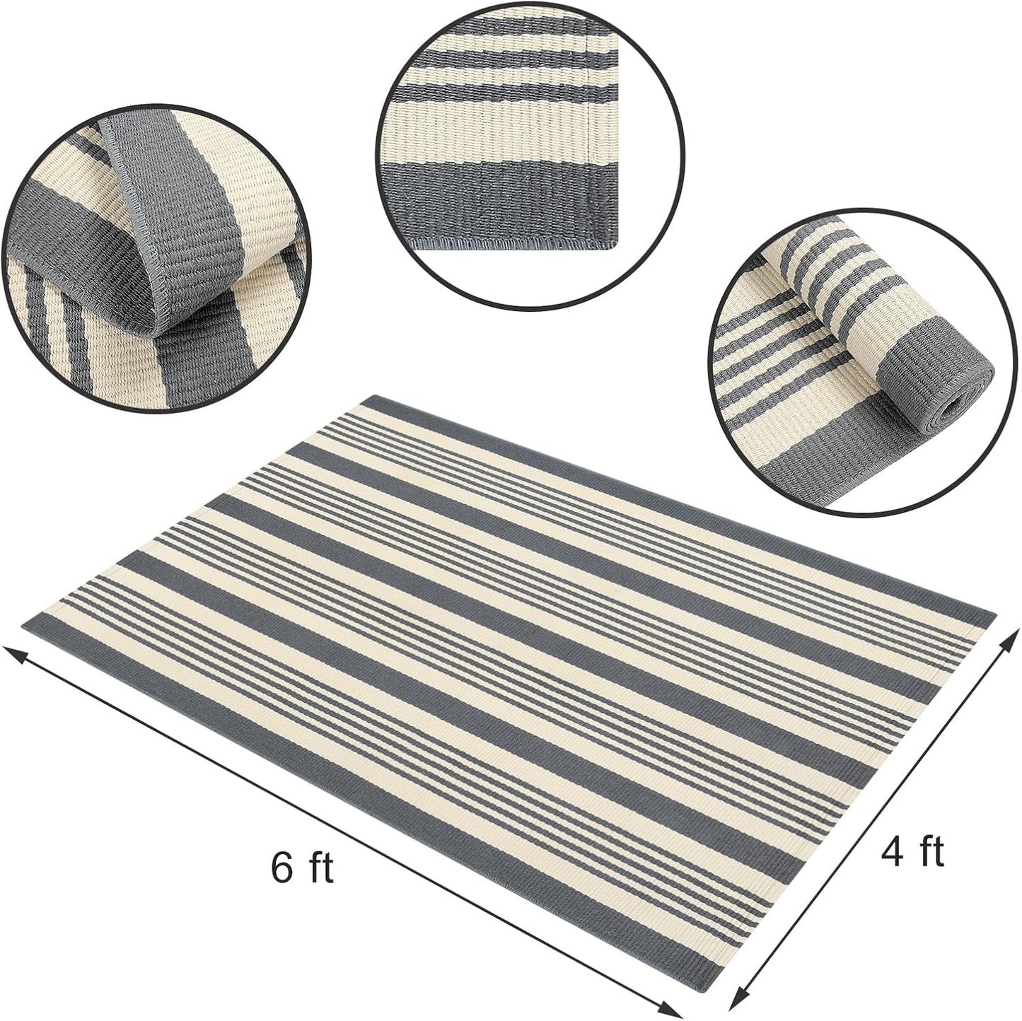 Gray and White Striped Striped Rug 4'X6', Hand-Woven Cotton Outdoor Patio Rug Washable Rug Front Porch Door Mat Entryway Indoor Area Carpet for Kitchen/Bedroom/Living Room
