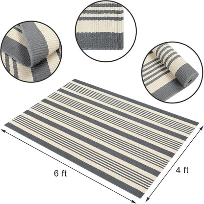 Gray and White Striped Striped Rug 4'X6', Hand-Woven Cotton Outdoor Patio Rug Washable Rug Front Porch Door Mat Entryway Indoor Area Carpet for Kitchen/Bedroom/Living Room