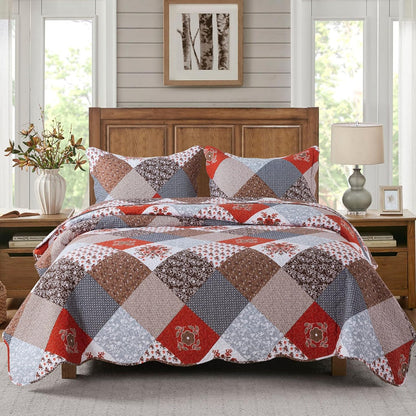 Quilt Set King Size - 3 Piece Microfiber Bedspread Reversible Coverlet Patchwork Bedding Set Lightweight Bedcover Floral Bedspreads All Season Quilts-Amaranth Red