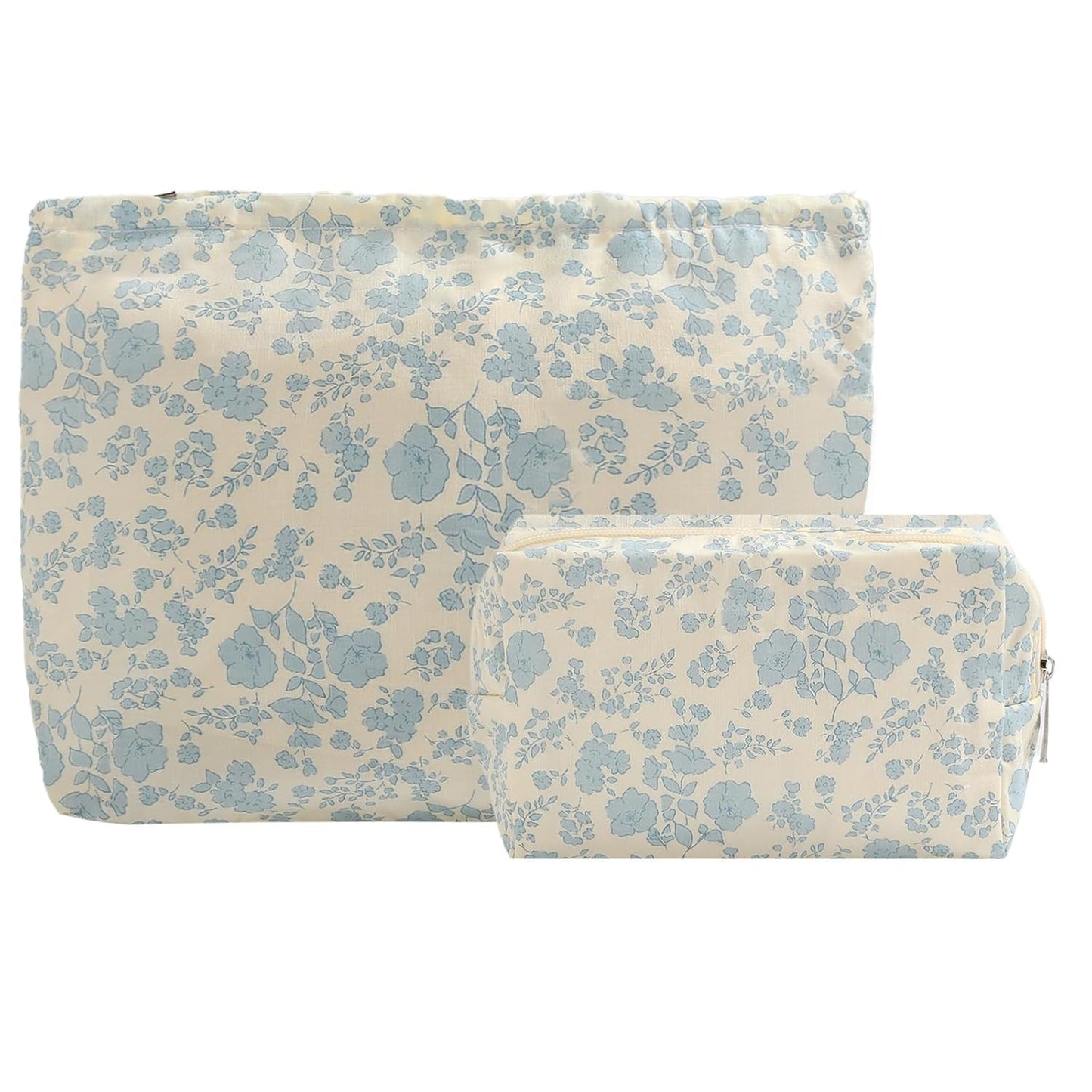 2PCS Floral Makeup Bag for Women,Small Makeup Bag Set Travel Toiletry Bag Coquette Cosmetic Bag Bow Makeup Bag Portable Versatile Zipper Pouch-Blue