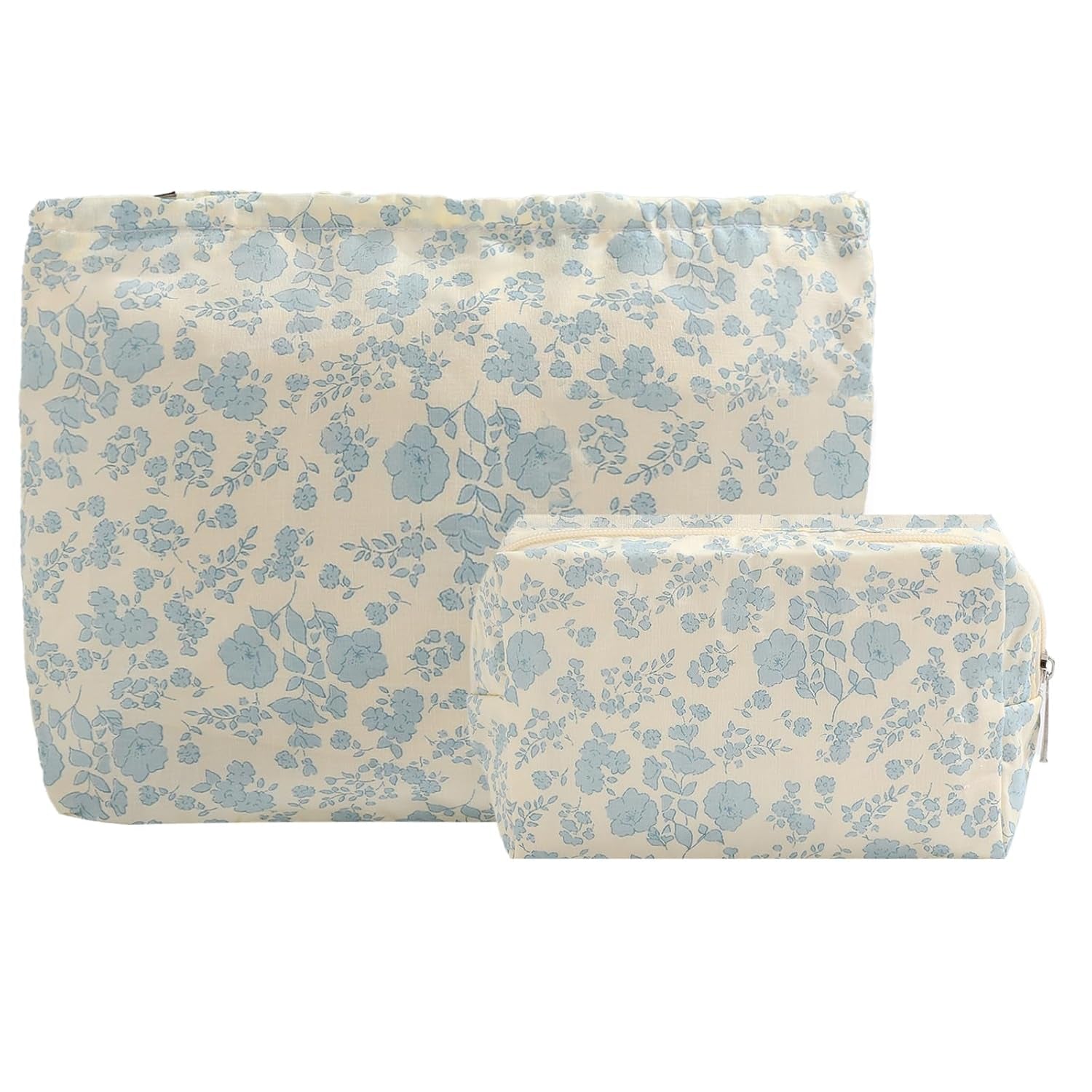 2PCS Floral Makeup Bag for Women,Small Makeup Bag Set Travel Toiletry Bag Coquette Cosmetic Bag Bow Makeup Bag Portable Versatile Zipper Pouch-Blue