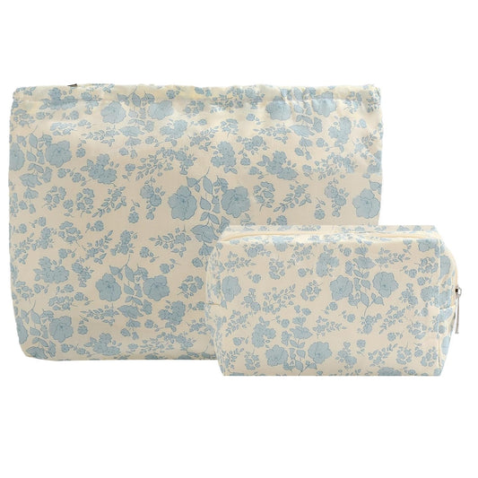 2PCS Floral Makeup Bag for Women,Small Makeup Bag Set Travel Toiletry Bag Coquette Cosmetic Bag Bow Makeup Bag Portable Versatile Zipper Pouch-Blue