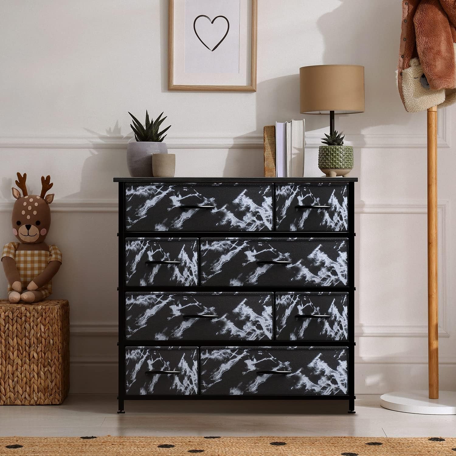 Dresser for Bedroom with 8 Drawers - Tall Chest Storage Tower Unit, for Closet, Hallway, Nursery, Entryway Organization - Steel Frame, Wood Top (Marble Black – Black Frame)
