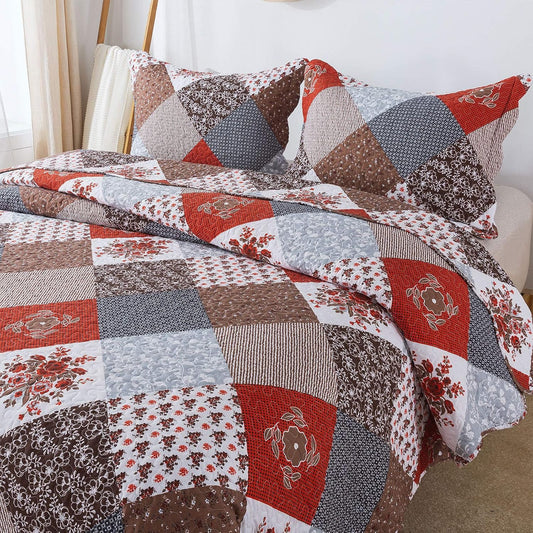 Quilt Set King Size - 3 Piece Microfiber Bedspread Reversible Coverlet Patchwork Bedding Set Lightweight Bedcover Floral Bedspreads All Season Quilts-Amaranth Red