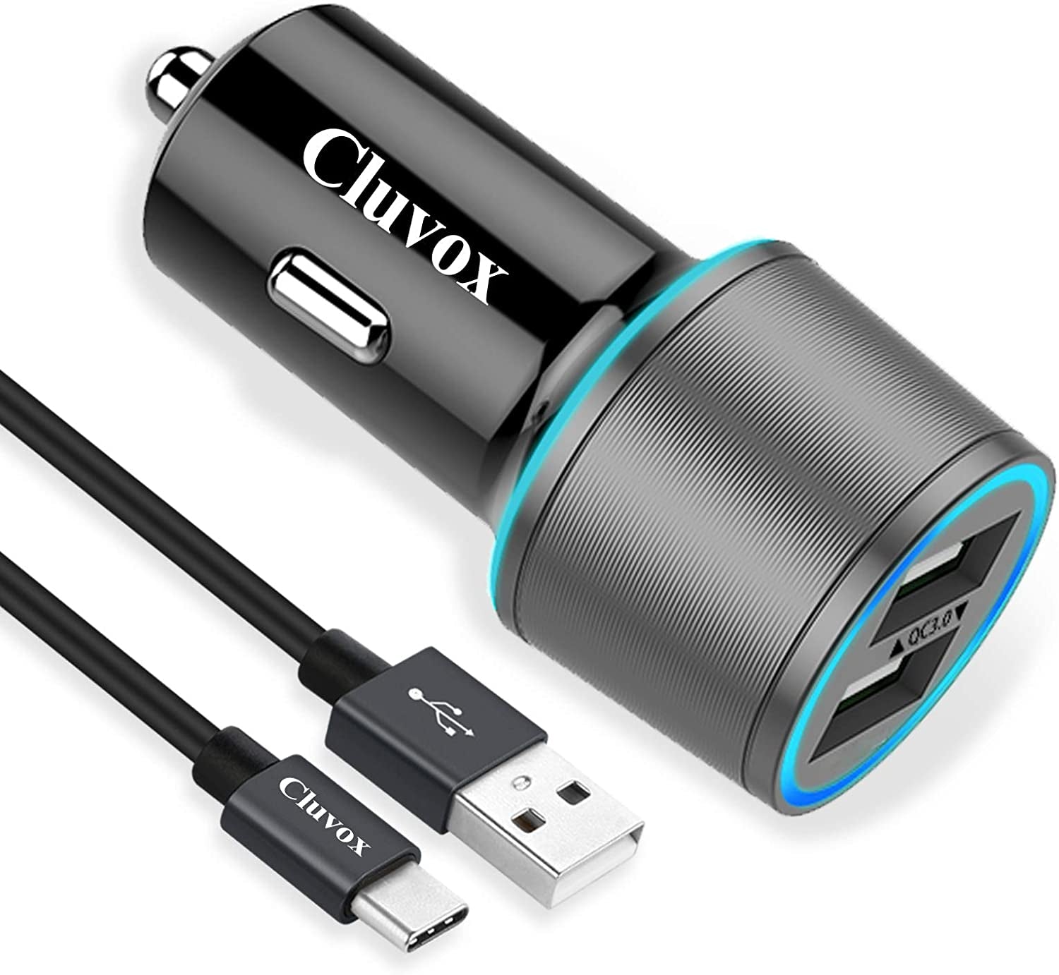 Rapid USB C Car Charger, Compatible for Samsung Galaxy S25 Plus/Ultra/S24/S23/S22/S21/Note 20/10/9/8/S20/S10+/S10E/S9/S8/A50/A70, Quick Charge 3.0 Dual USB 18W Fast Car Charger+ Type C Cable 3.3Ft