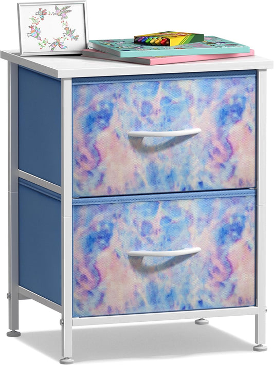 Nightstand with 2 Drawers - Kids Bedside Furniture End Table Night Stand - Steel Frame, Wood Top & Easy Pull Fabric Bins - Dresser & Chest for Home, Bedroom Accessories, Office & College Dorm