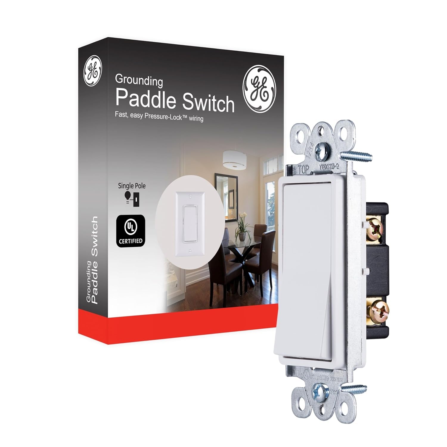 Paddle Rocker Light Switch Single Pole Switch on off Switch Rocker Switch Replacement for Electrical Light Switches & Ceiling Fan Switch Grounding Single Pole Light Switch UL Listed White 50726