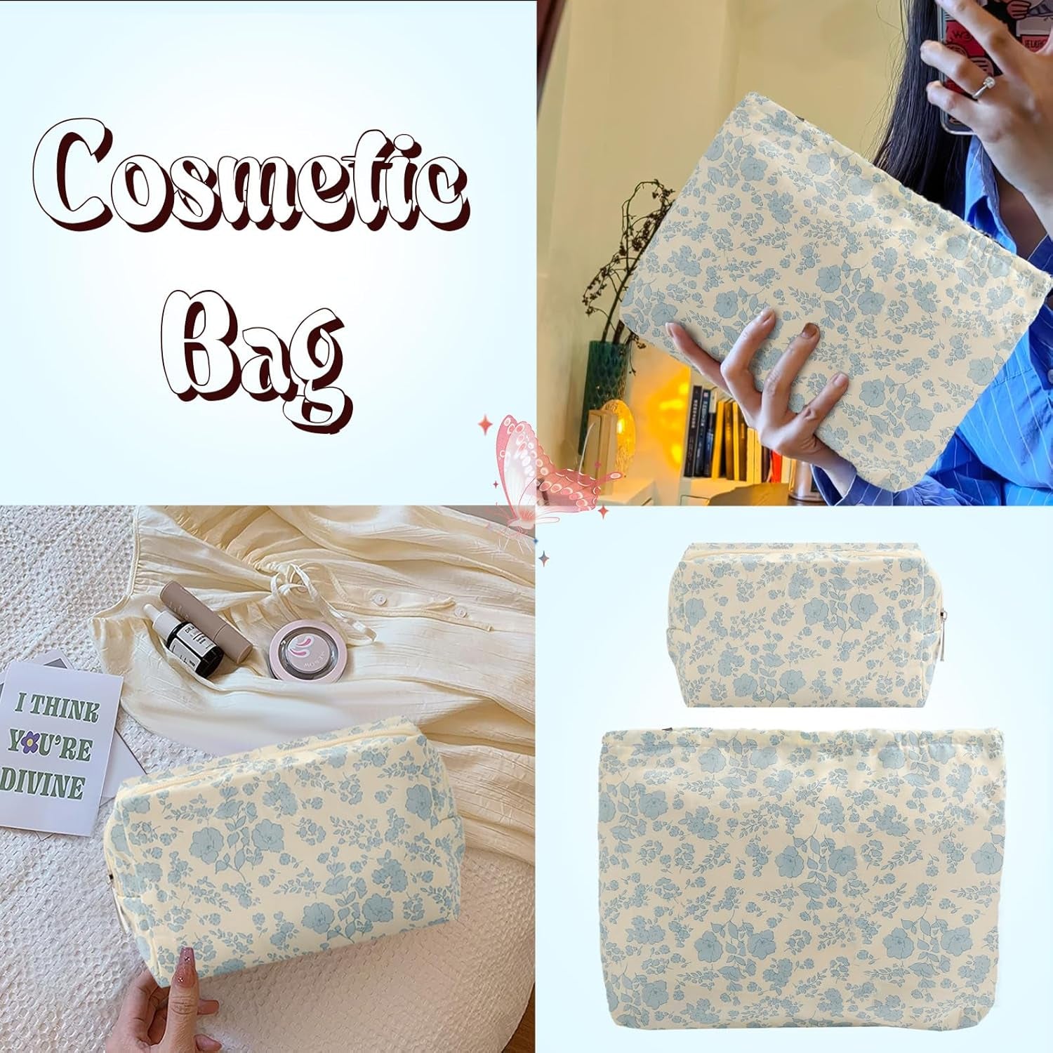 2PCS Floral Makeup Bag for Women,Small Makeup Bag Set Travel Toiletry Bag Coquette Cosmetic Bag Bow Makeup Bag Portable Versatile Zipper Pouch-Blue
