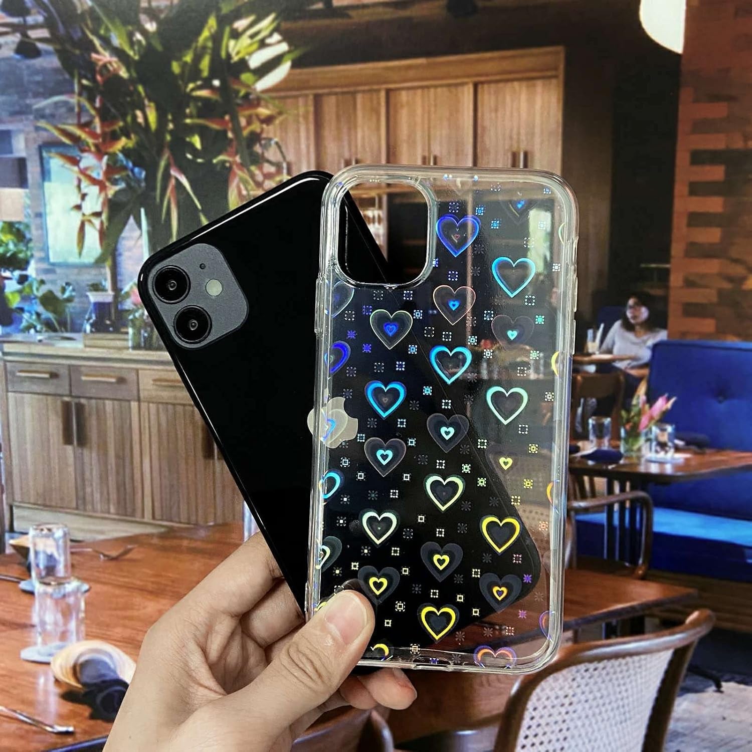 Compatible with Iphone 11 6.1 Inch 2019, Clear Laser Glitter Bling Heart Soft & Flexible TPU and Hard PC Shockproof Cover Women Girls Heart Pattern Phone Case (Rainbow Heart/Clear)